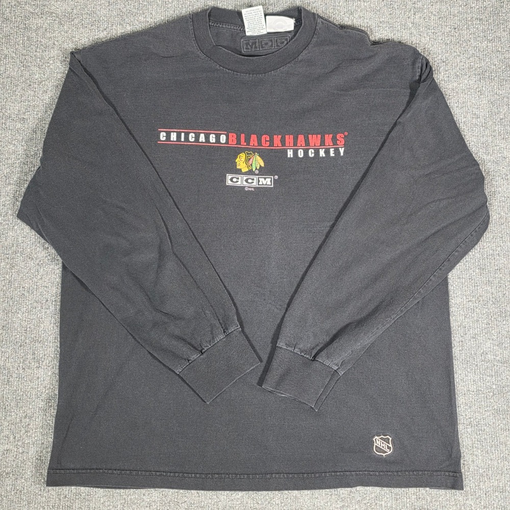 Vintage CCM Chicago Blackhawks Long Sleeve Shirt NHL Center Ice Black Mens XL